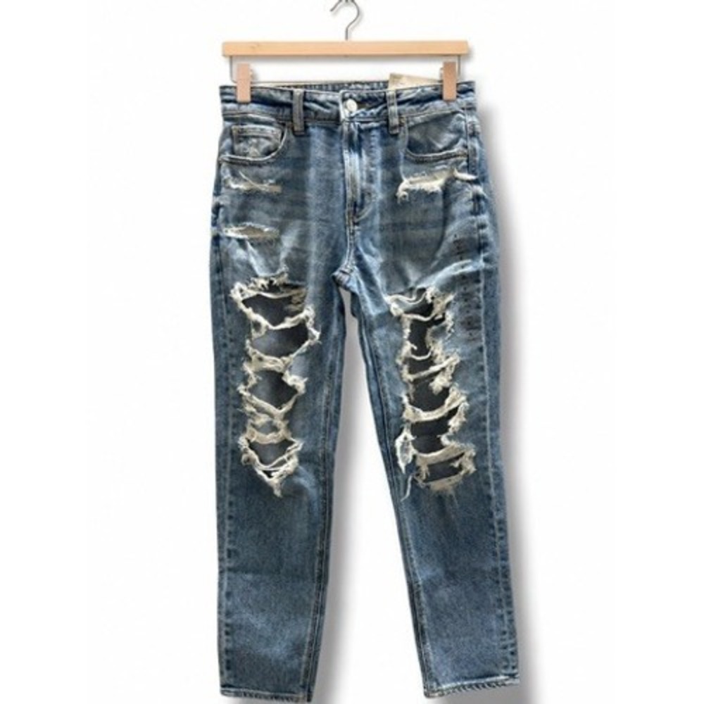 American Eagle Mom Jean Daylight Destroy High Rise‎ Light Wash Blue 0 Short 25W